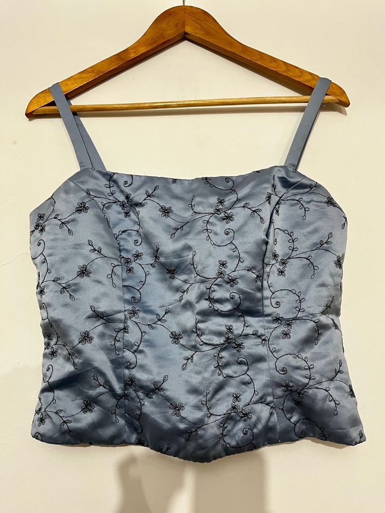 Floral Embroidered Satin Crop Top