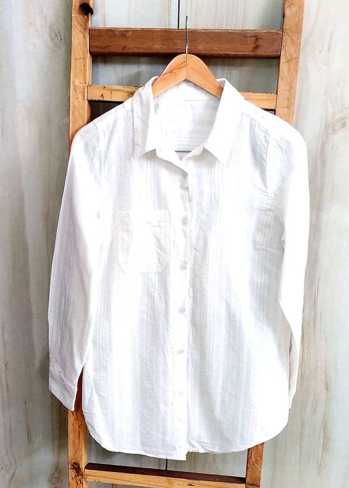 White Self Design Cotton Shirt Size-38