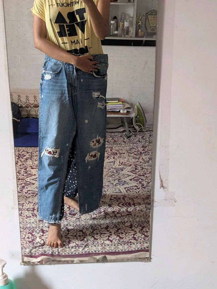 Distressed Wide-Leg Jeans
