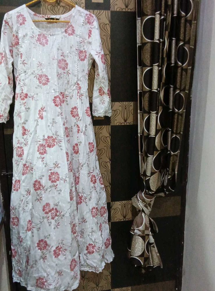 Floral Pink Print Kurta White