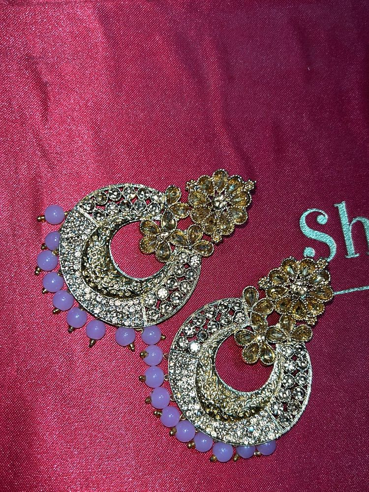 Golden Ethnic Earrings With Baby Pink Pearls