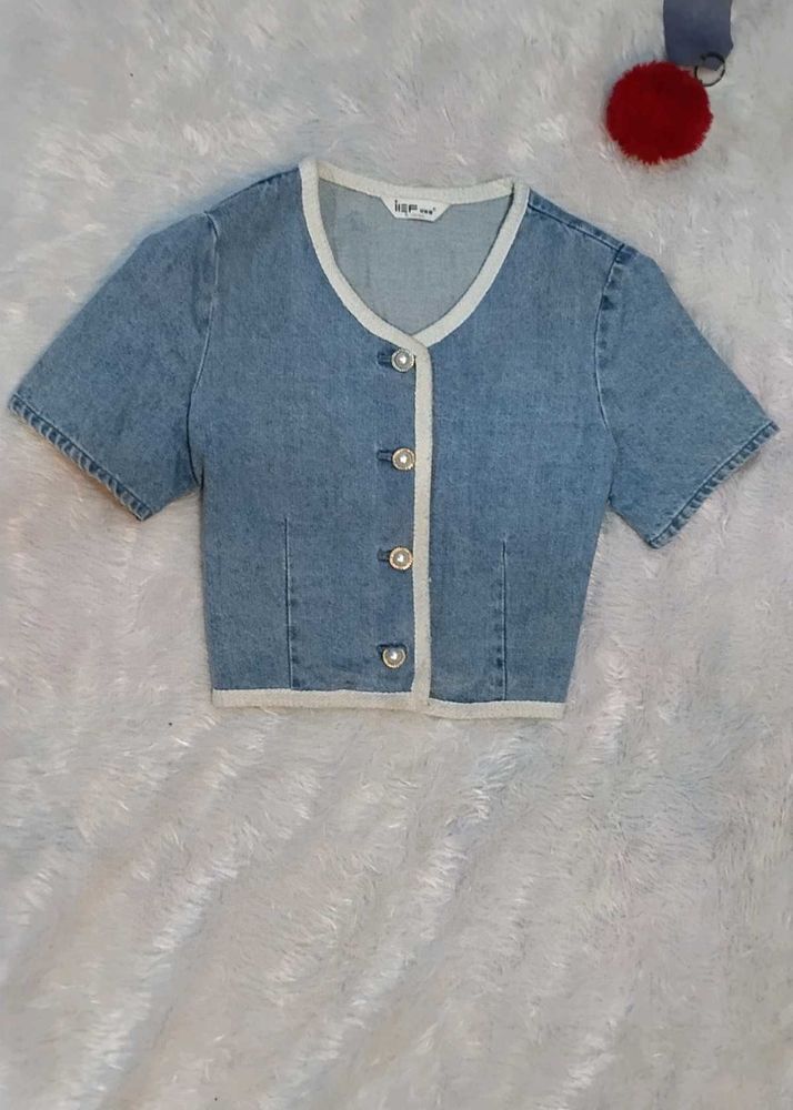 Denim Pearl Button Crop Top