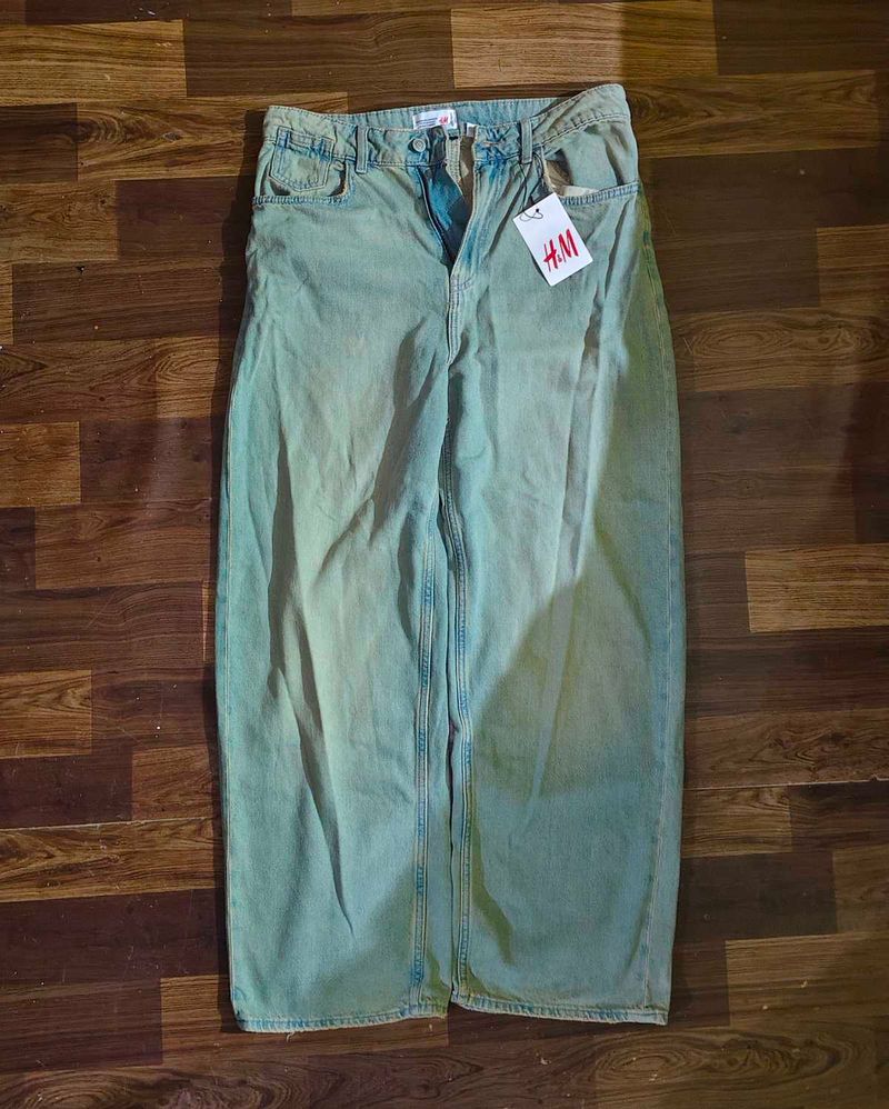H&amp;M faded Green Washed Baggy Denim