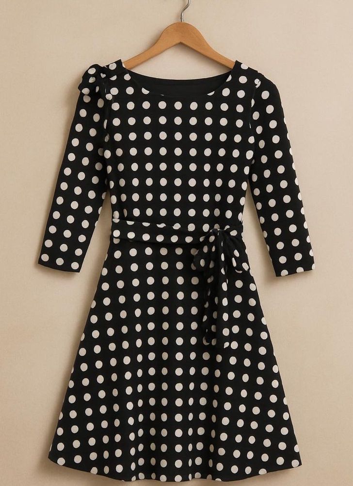 Retro Charm: Black/white Polka Dot Boat Neck Dress