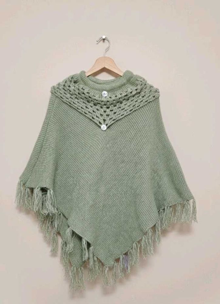 Sage Green Knit Poncho with Fringe