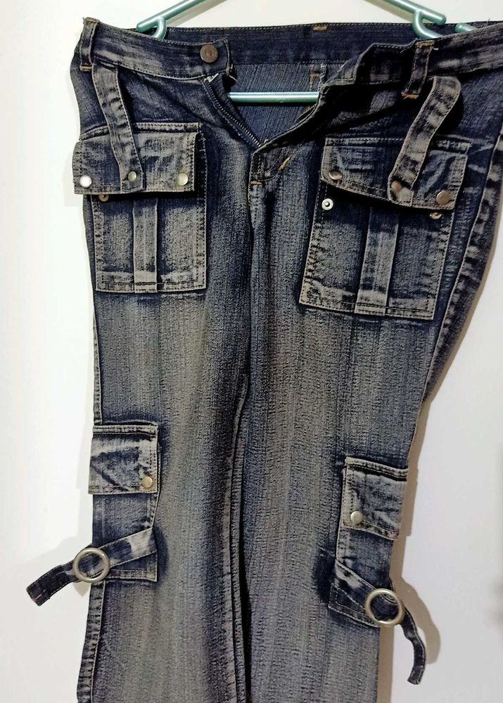 Vintage Washed Black Cargo Denim Capri