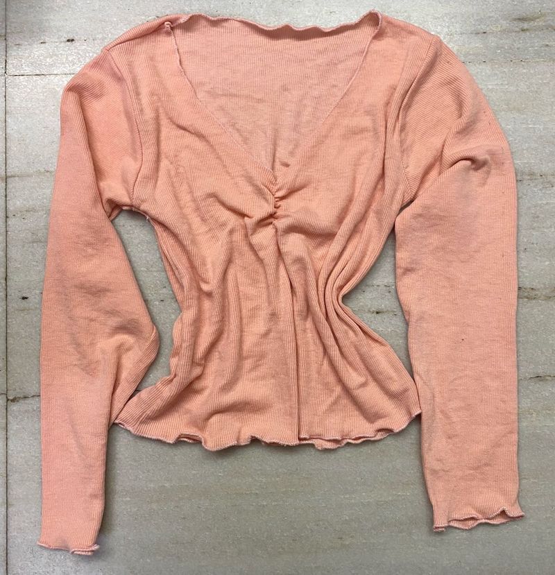 Peach V-Neck Long Sleeve Top