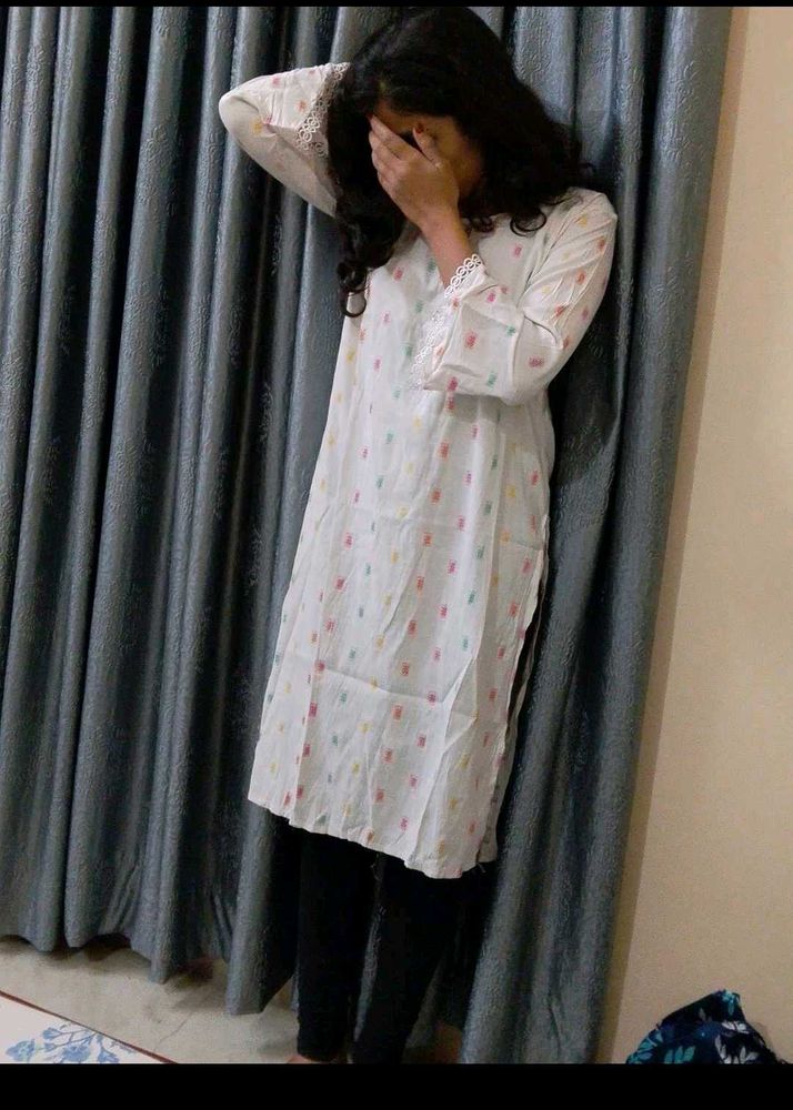 white printed cotton mix rayon kurti long straight