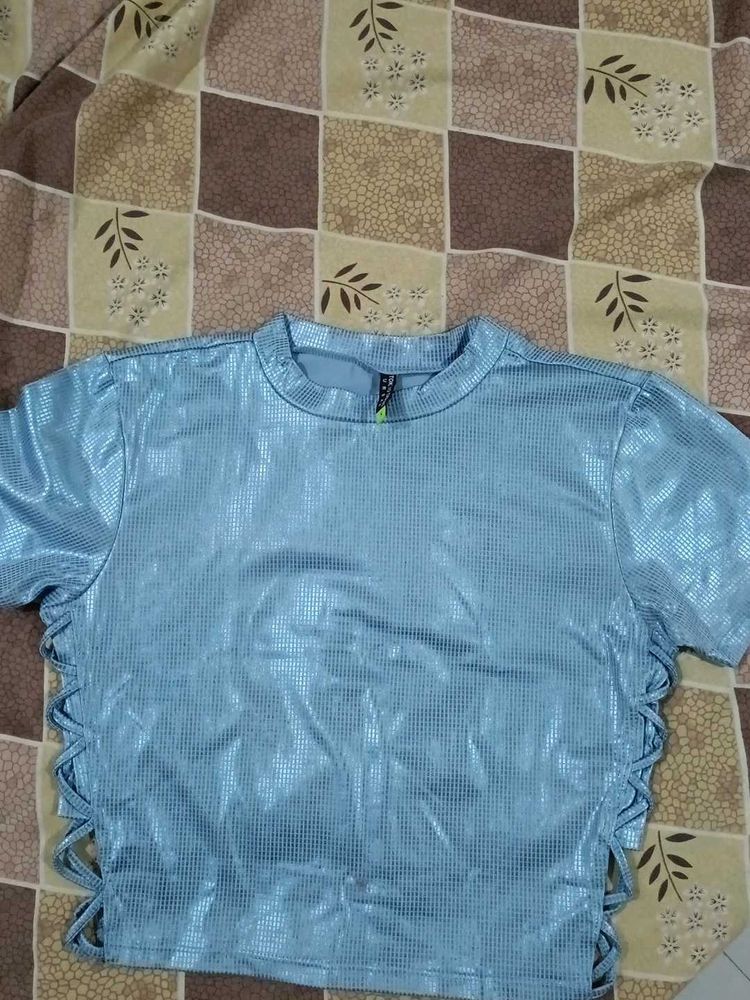 Tokyo Talkies Blue Metallic Crop Top
