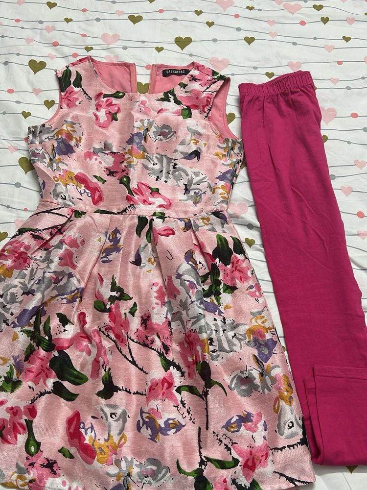Sassafras Pink Floral Dress with Leggings Set