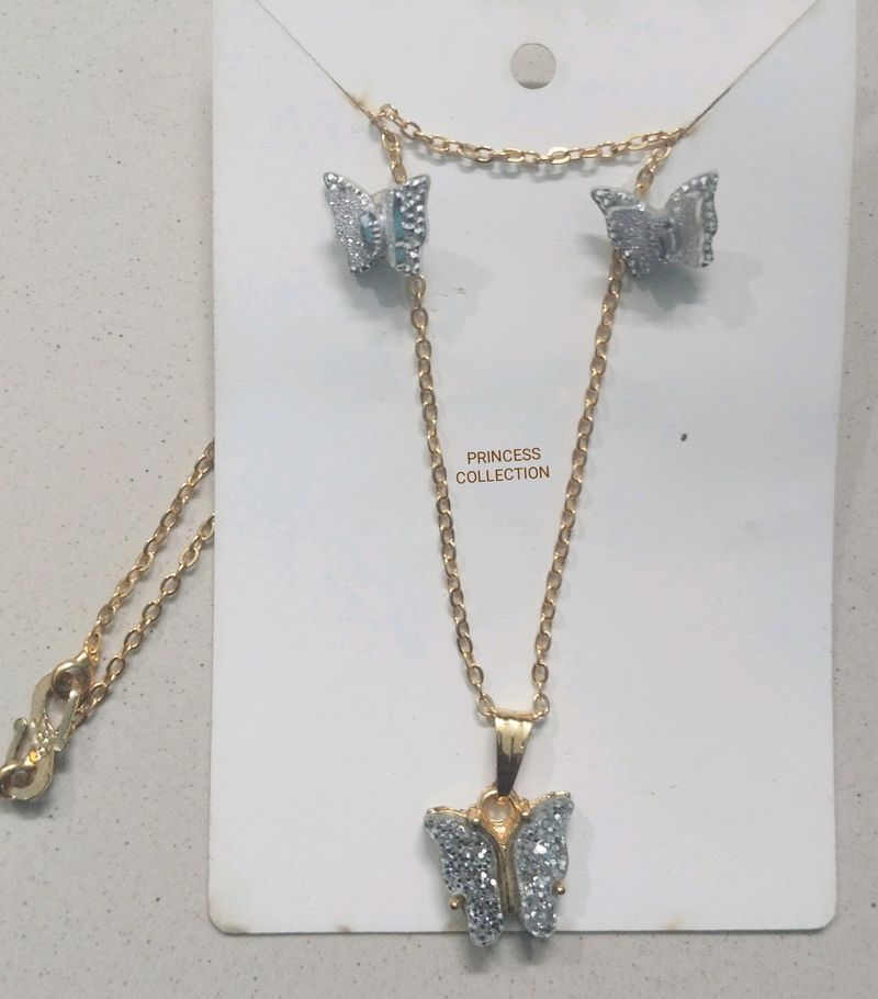 Glittering Silver Color Butterfly Set With Earring