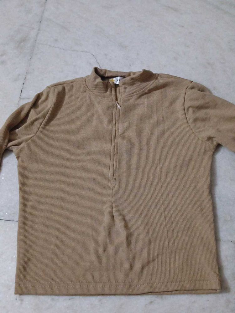 Tan Half-Zip Ribbed Top