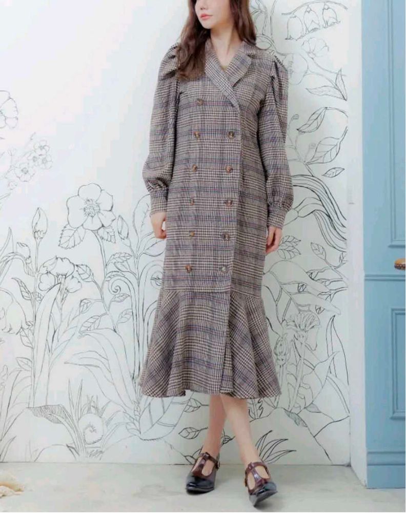 Korean Plaid Puff sleeve peplum dress