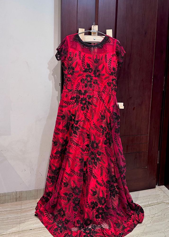 Red &amp; Black Hand Embroidered Ethnic Gown
