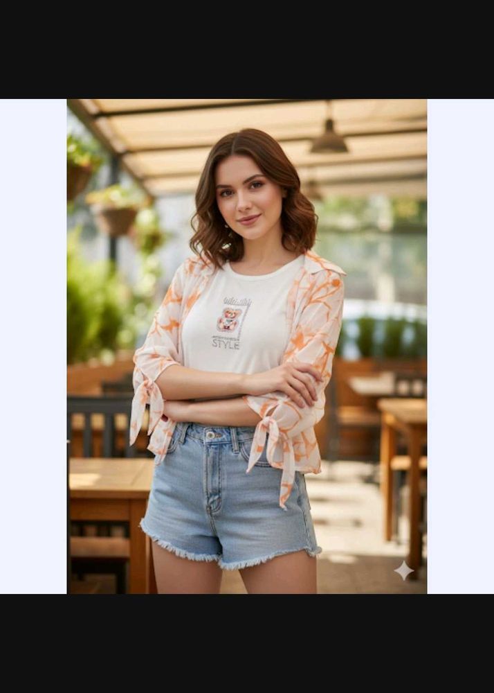 Tie Sleeve Top and Denim Short Set