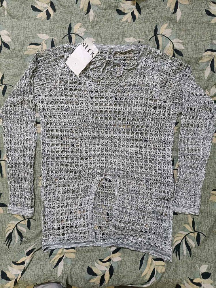 Silver Knit Open Weave Top Combo 2 Piece