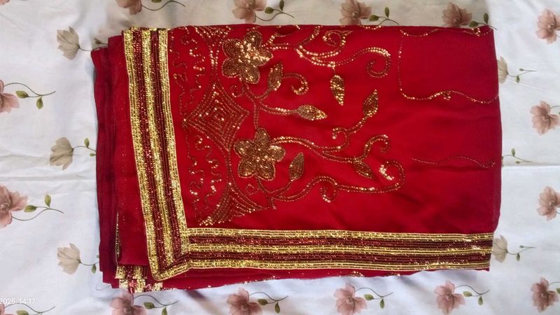 Red &amp; Gold Sequin Saree