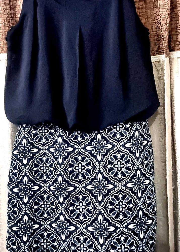 Navy &amp; White Print Dress