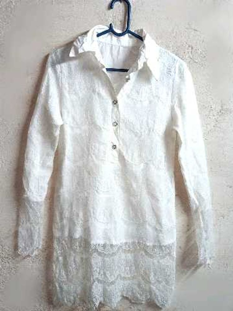Trendy Ladies Lace Top Long Tunic White