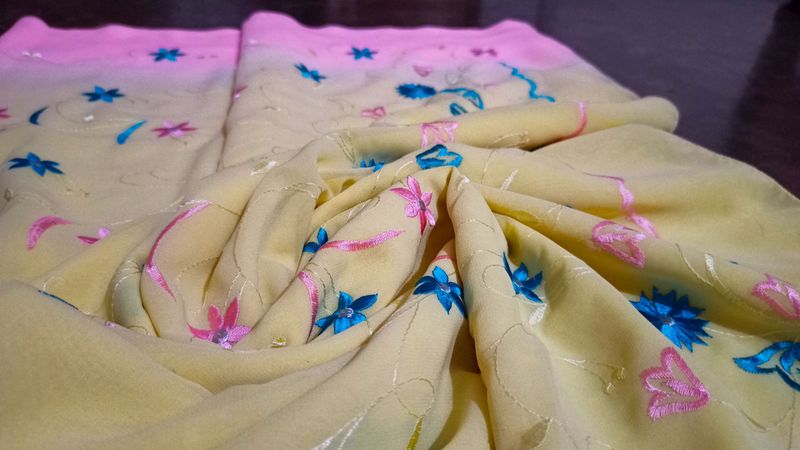 Cream and Pink Colored Saree