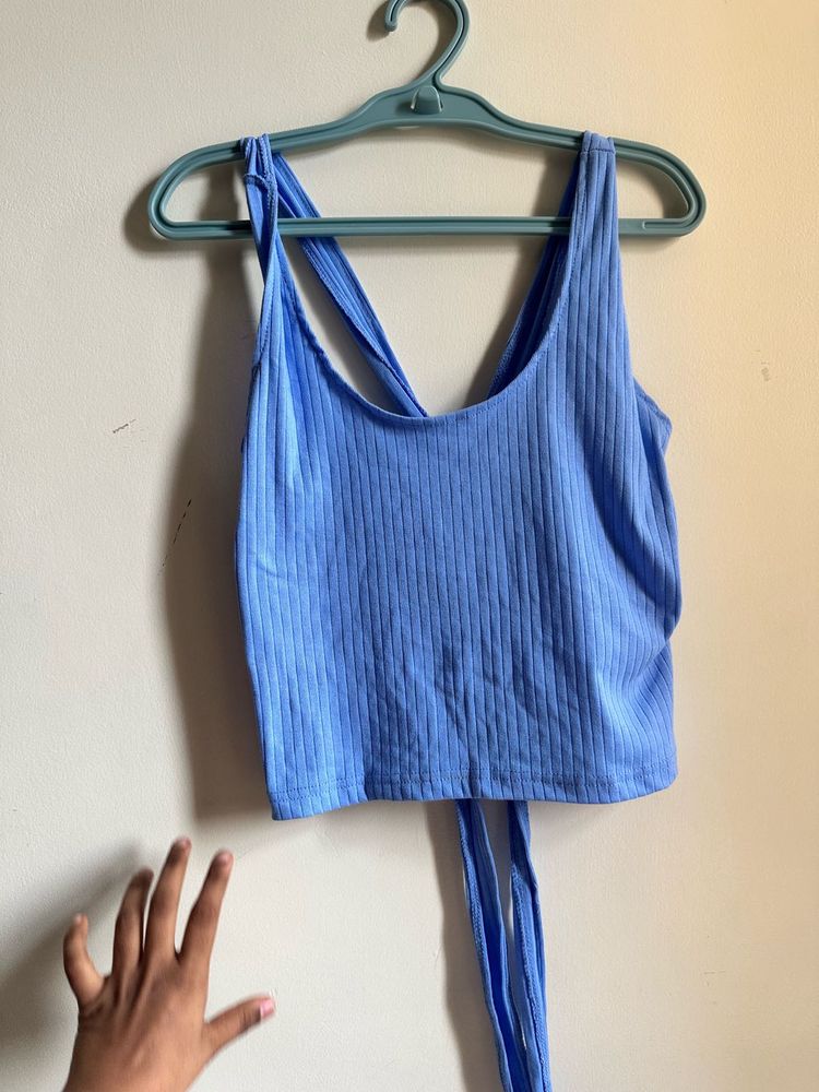 Blue Ribbed Tie-Back Crop Top