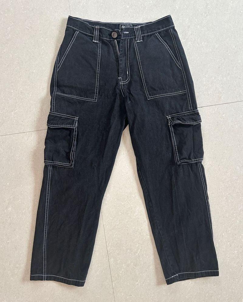 Black Cargo Pants with Contrast Stitching - FUGAZE