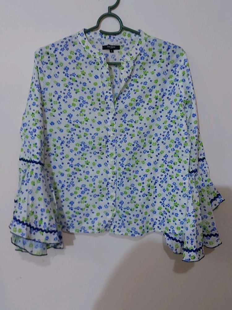White Printed Bell Sleeves Shirt Style Top