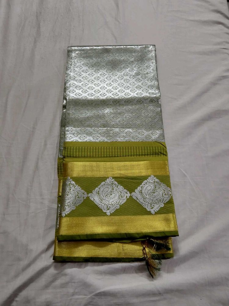 Elegant Silver &amp; Green Saree