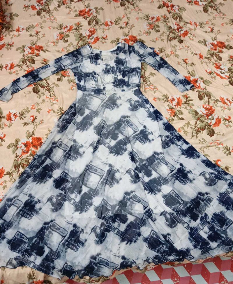 Blue &amp; White Abstract Print Long Sleeve Maxi Dress