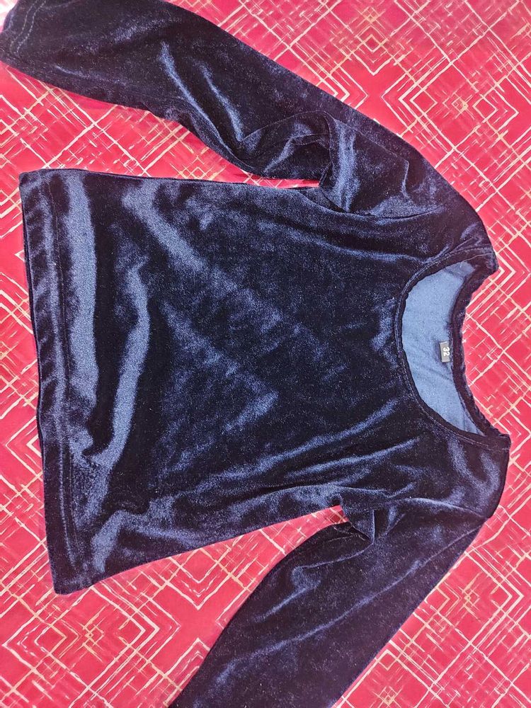 Navy Blue Velvet Full Sleeves Top