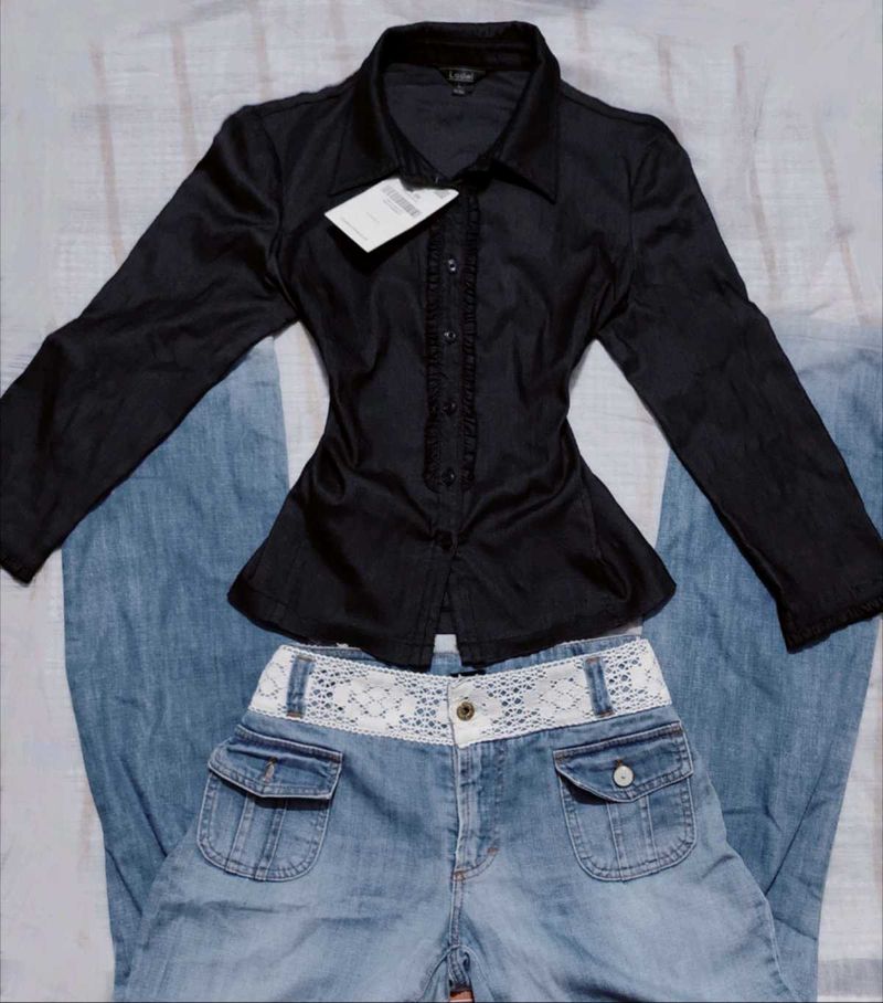 Y2K Vintage Black Ruffle Fitted Shirt