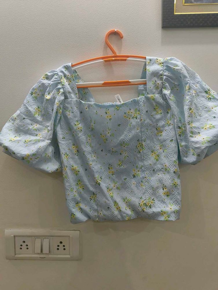 Light Blue With Yellow And Green Flower Print