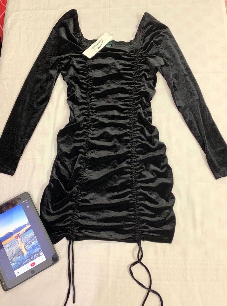 Black Velvet Ruched Mini Dress