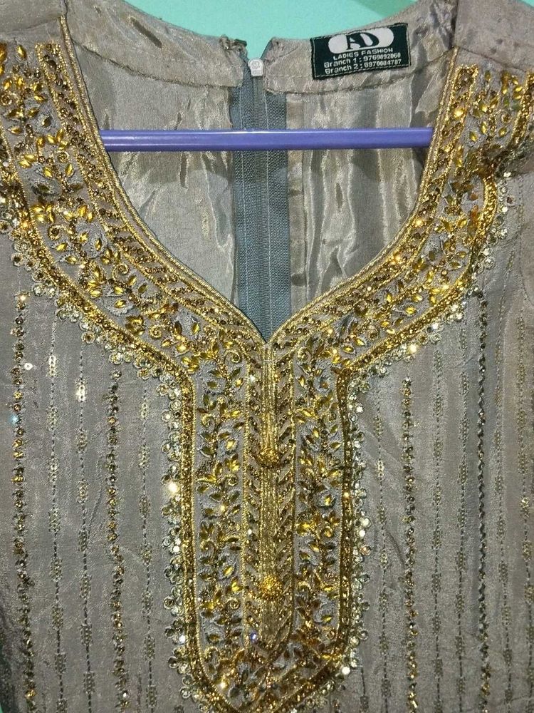 Gray &amp; Gold Embroidered Asian Dress
