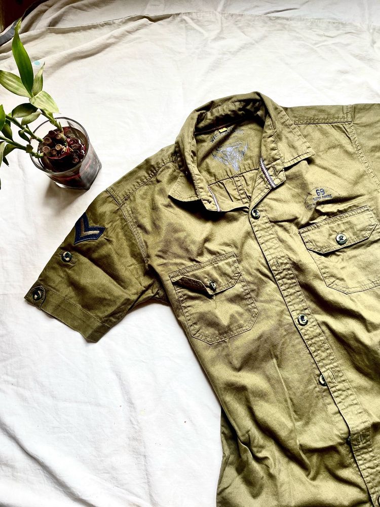 Cinched Waist Olive Green Shirt