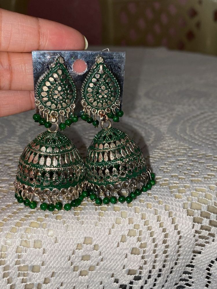 Vintage Green Silver Oxidized Jhumkas