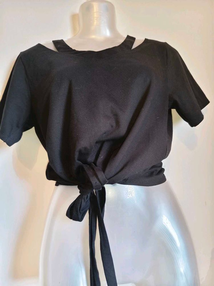 Black Tie-Front Crop Top