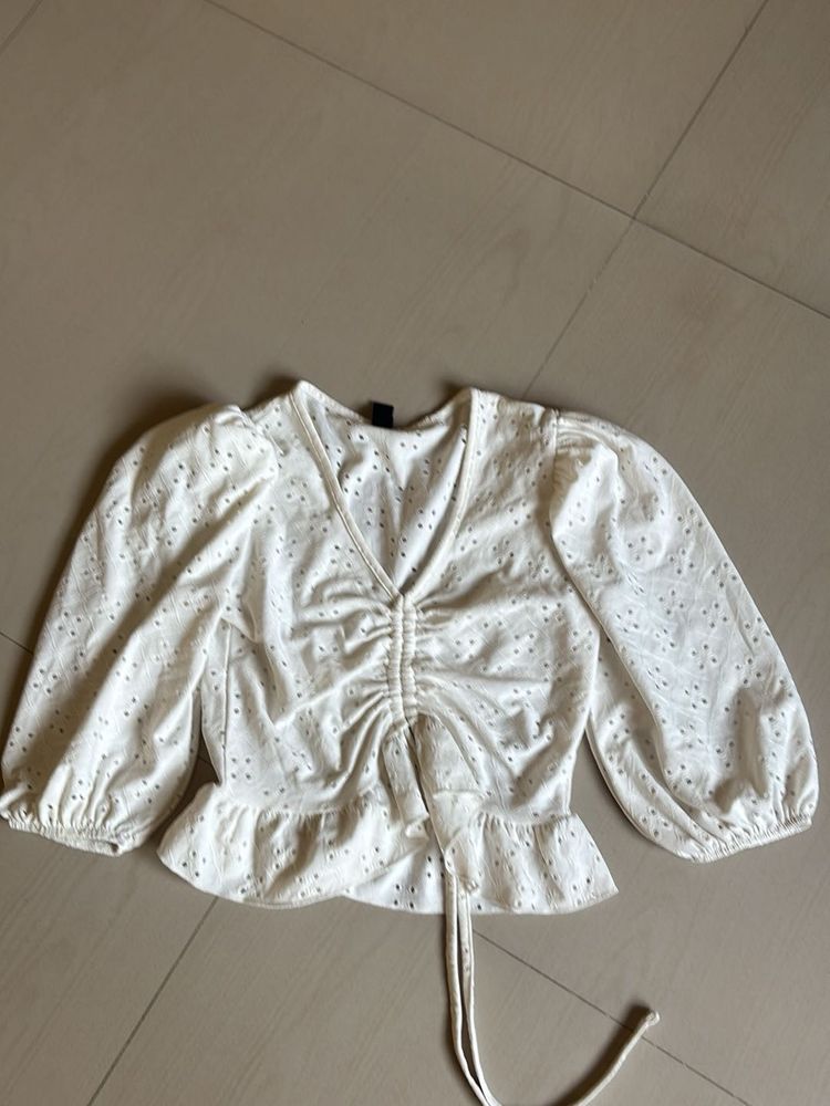 White Eyelet Cinched Blouse