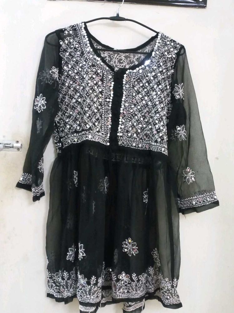 Black Mirror Work Chikankari Short Kurti