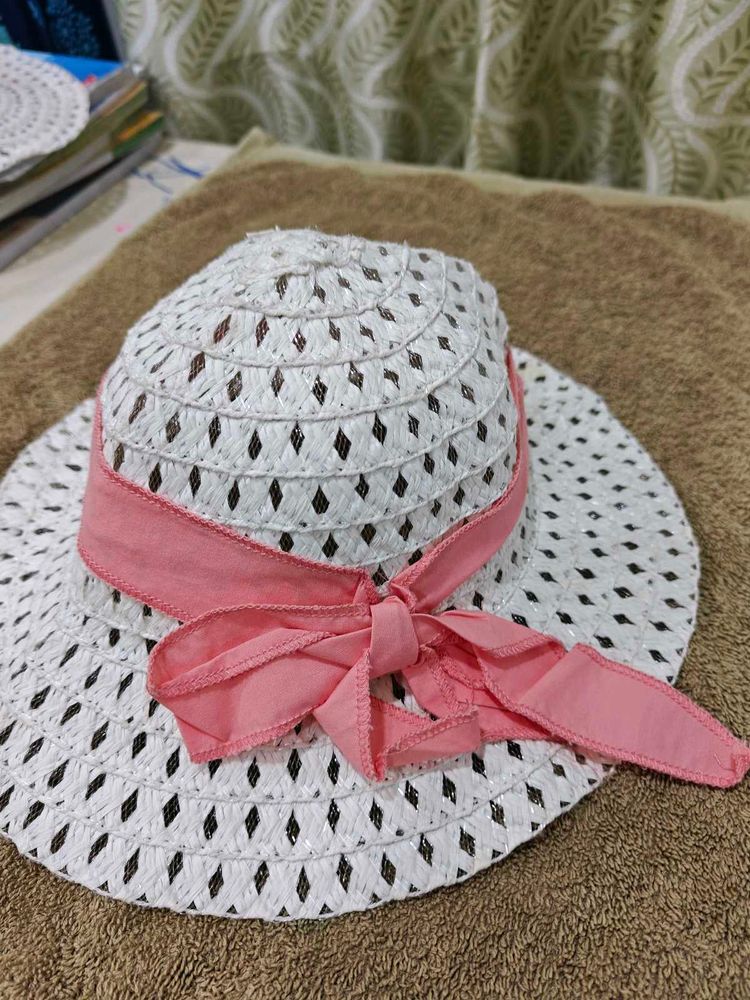 Stylish White Sun Hat with Pink Ribbon for Girls