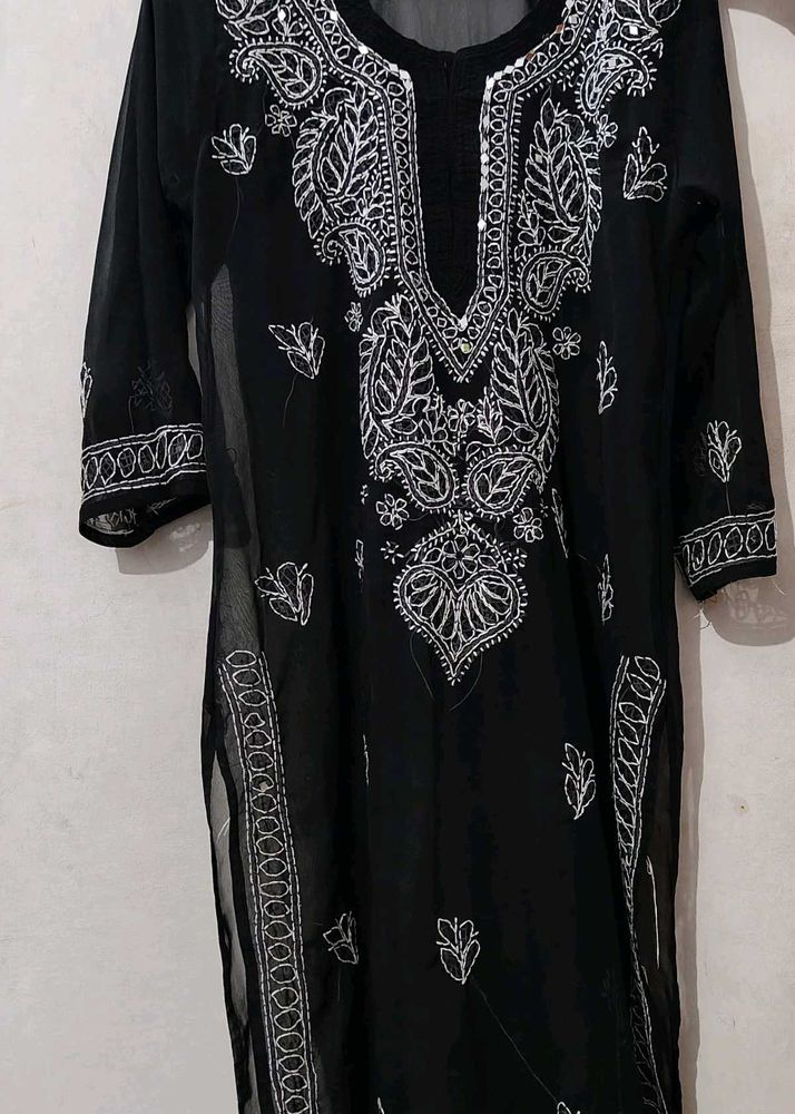 Black Lucknowi Kurta With Chikankari