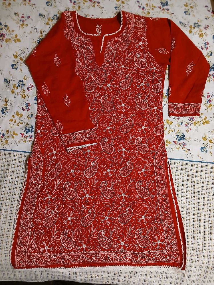 Chikankari Kurti Red