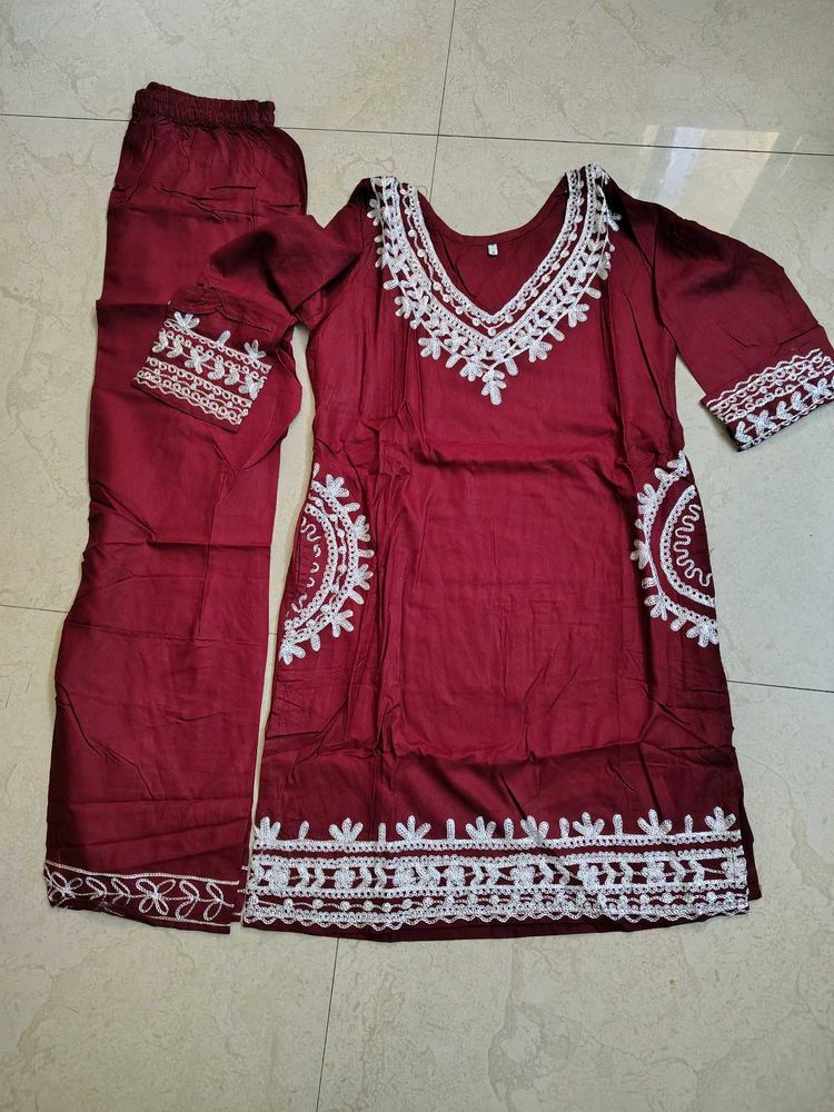 Maroon Embroidered Kurta Set Beautiful New Size 38