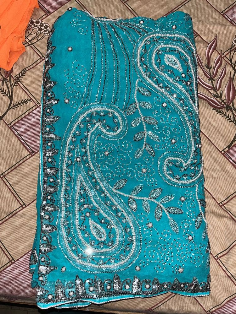 Sea blue Beaded Sequence Saree