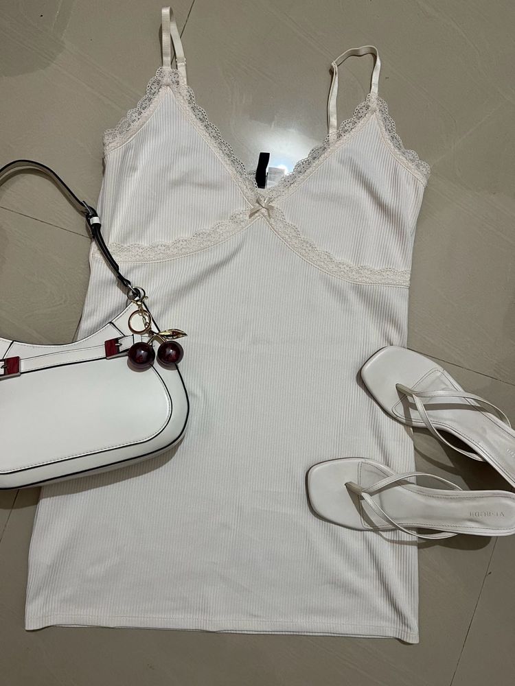 White Lace Trim Cami Dress