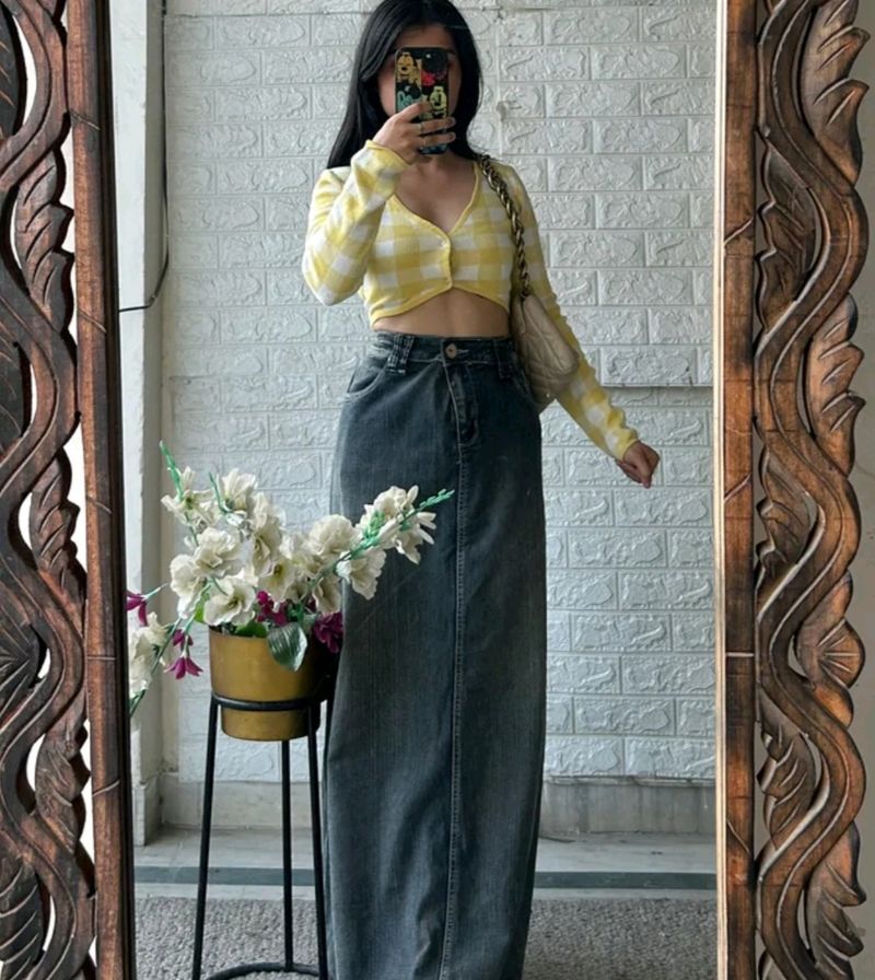 Off Black Denim Long Skirt
