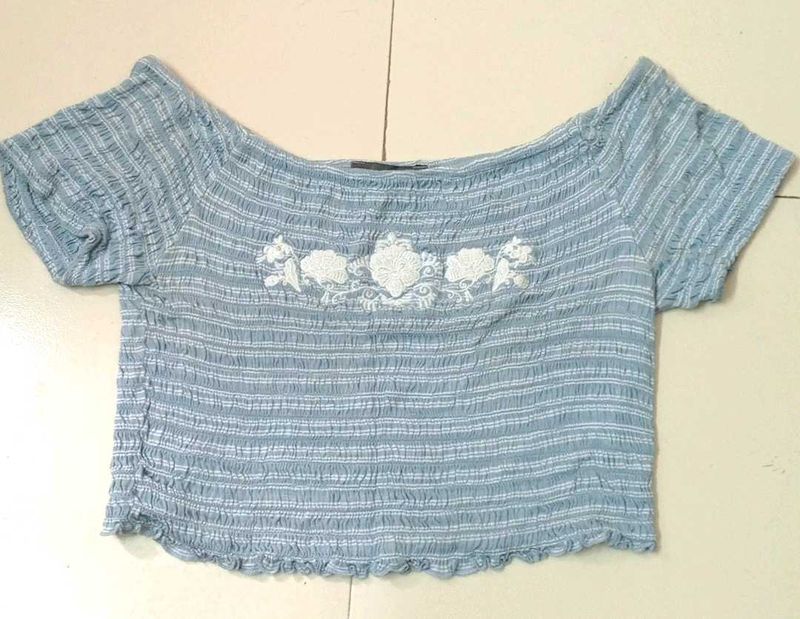 Blue Floral Embroidered Crop Top