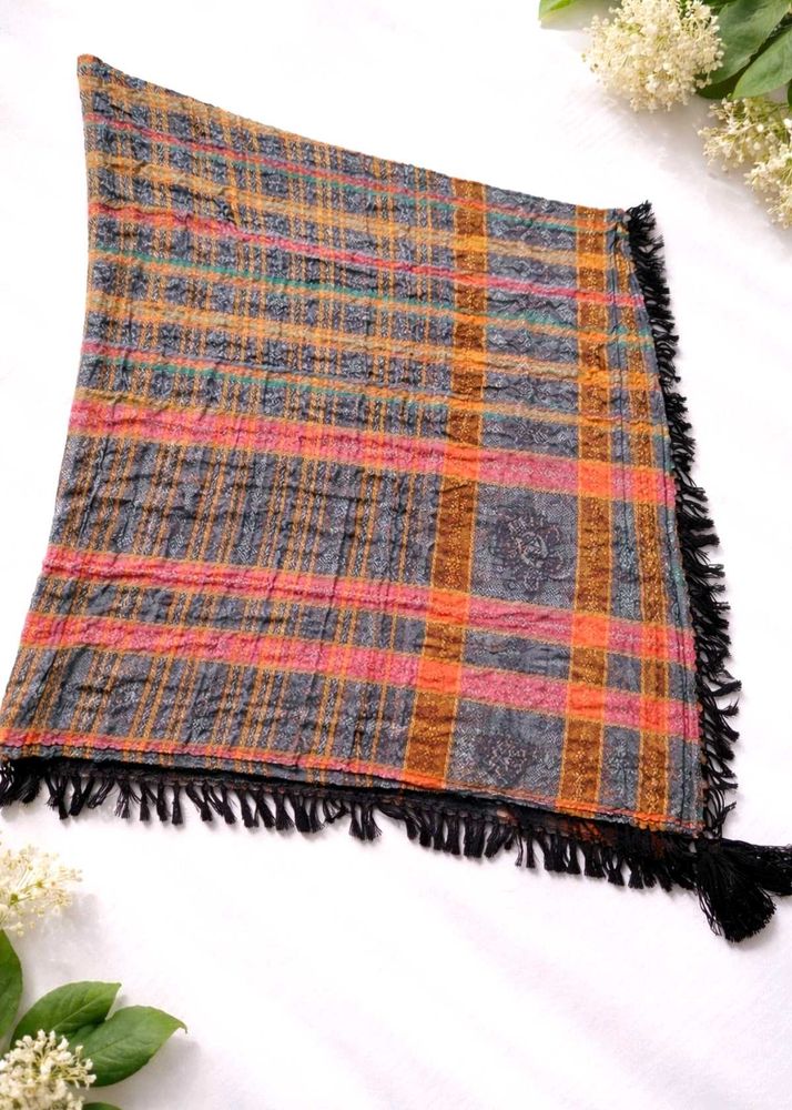 Vintage Plaid Scarf with Fringe
