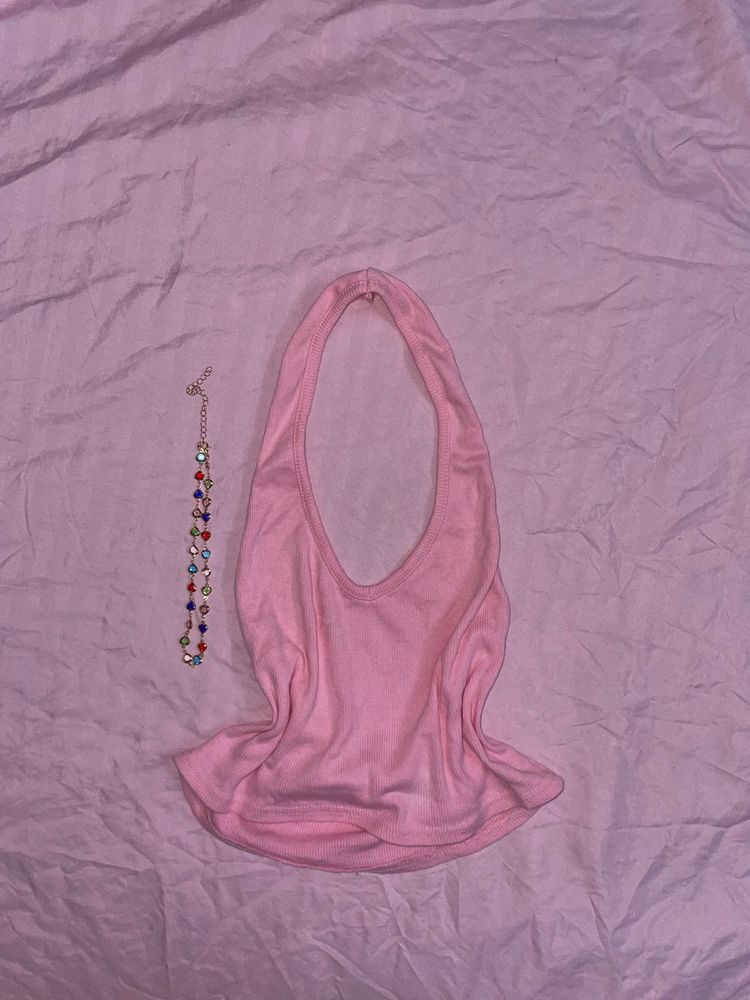 pink halterneck cropped top