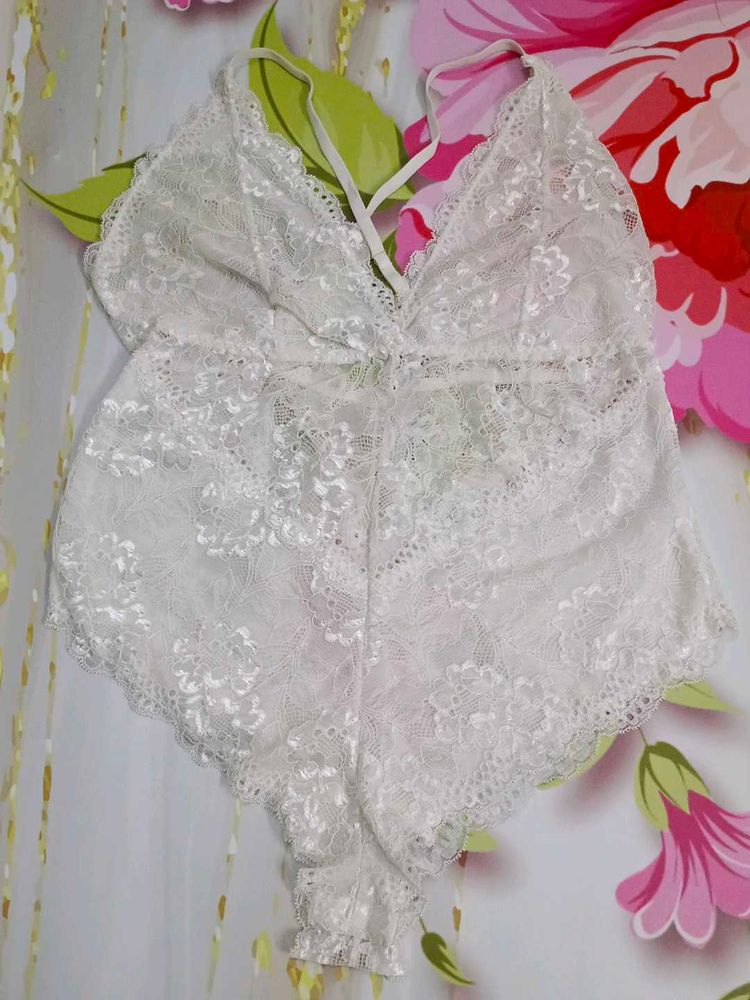 (1200)White Lace Teddy Bodysuit